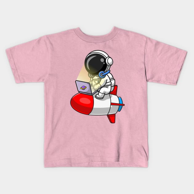 Cute Astronaut Working With Laptop On Rocket Cartoon Kids T-Shirt by Catalyst Labs